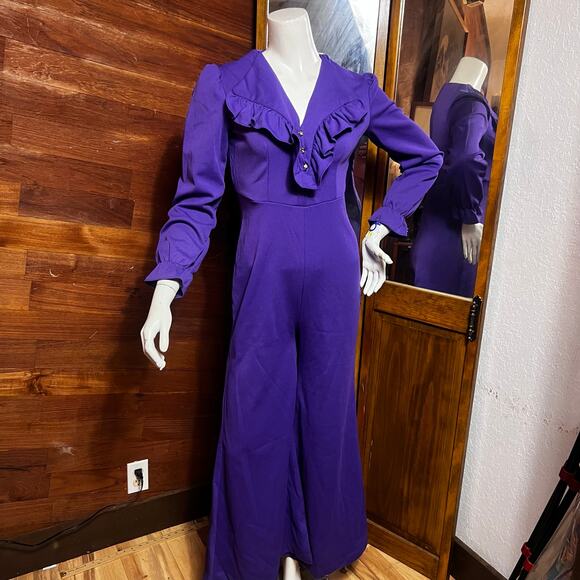 Unbranded Pants - VINTAGE 70s Ruffle Disco Jumpsuit Size 4 Full Body Purple Bell Bottom Retro